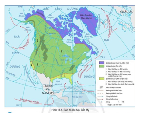 Đọc thông tin và quan sát hình 14.1, hãy trình bày sự phân hóa khí hậu ở Bắc Mỹ (ảnh 1)