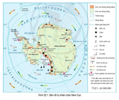 Quan sát hình 22.1 và quả địa cầu, hãy nêu đặc điểm vị trí địa lí Châu Nam Cực (ảnh 1)