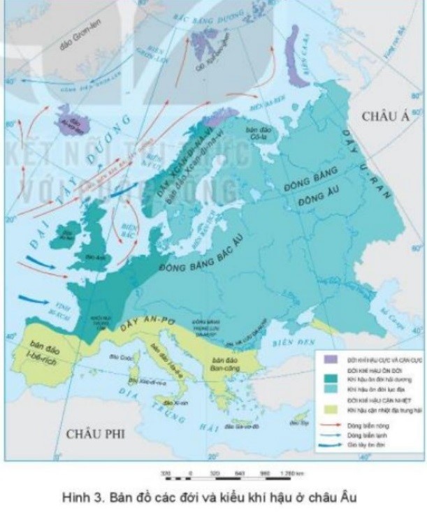 Dựa vào thông tin trong mục b và hình 3 hãy trình bày đặc điểm phân hóa khí hậu ở Châu Âu. (ảnh 1)