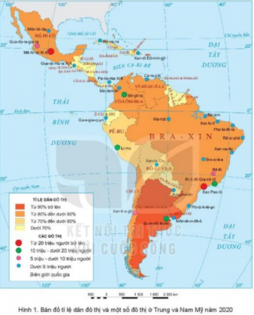 Đọc thông tin và quan sát hình 1 trong mục b, hãy: - Trình bày vấn đề đô thị hóa ở Trung và Nam Mỹ. - Kể tên và xác định vị trí của các thành phố có từ 10 triệu người trở lên ở Trung và Nam Mỹ. (ảnh 1)