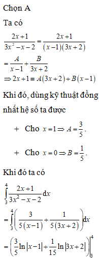 Cho nguyen ham tu 3 den 4 cua (2x+1) / ( 3x^2-x-2)dx (ảnh 1)