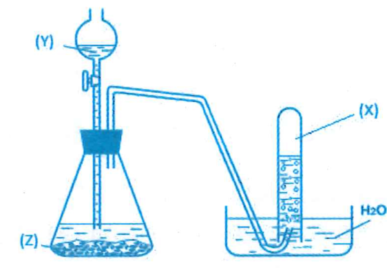 Cho hình vẽ mô tả thí nghiệm điều chế khí X bằng cách cho dung dịch Y tác dụng với chất rắn Z. Hình vẽ bên không minh họa phản ứng nào sau đây?  (ảnh 1)