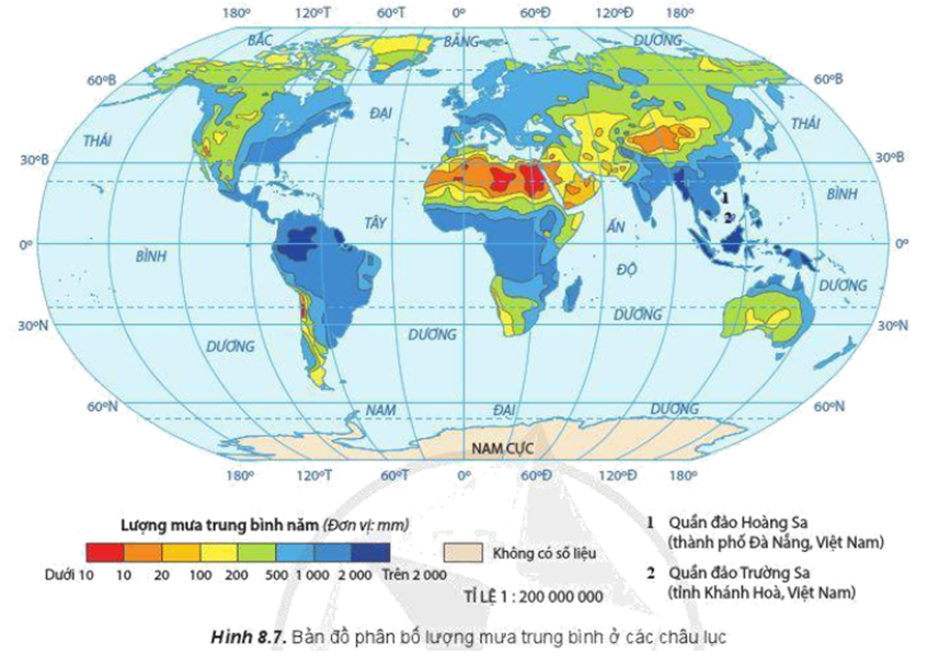 Quan sát hình 8.7 và dựa vào kiến thức đã học, hãy trình bày sự phân bố lượng mưa trên các lục địa theo vĩ tuyến 450B từ tây sang đông và giải thích (ảnh 1)