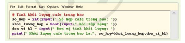 Em hãy đọc chương trình sau đây và cho biết mỗi biến: so_hop, khoi_luong_hop, don_vi_kl chứa dữ liệu thuộc kiểu nào (ảnh 1)