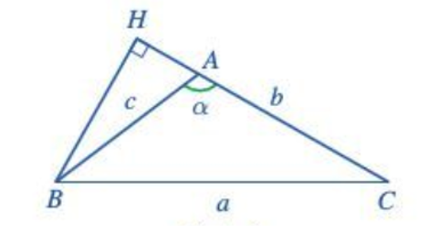 Cho α là góc tù. Chứng minh:  a) HC = AC + AH và BC2 = AB2 + AC2 + 2 AH . AC;  b) a2 = b2 + c2 – 2bc cos α (ảnh 1)