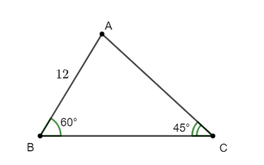 Cho tam giác ABC có AB = 12; góc B = 60 độ, góc C = 45 độ. Tính diện tích của tam giác ABC. (ảnh 1)