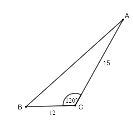 Cho tam giác ABC có BC = 12, CA = 15, góc C = 120 độ. Tính:  a) Độ dài cạnh AB (ảnh 1)
