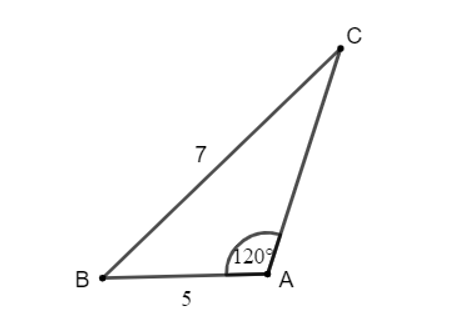 Cho tam giác ABC có AB = 5, BC = 7,góc A = 120 độ . Tính độ dài cạnh AC (ảnh 1)