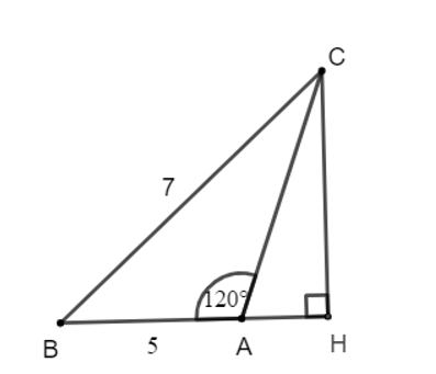 Cho tam giác ABC có AB = 5, BC = 7,góc A = 120 độ . Tính độ dài cạnh AC (ảnh 2)