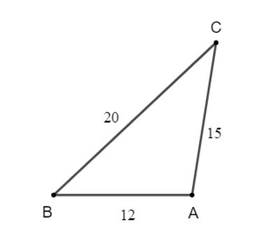 Cho tam giác ABC có AB = 12, AC = 15, BC = 20. Tính:  a) Số đo các góc A, B, C;  b) Diện tích tam giác ABC (ảnh 1)