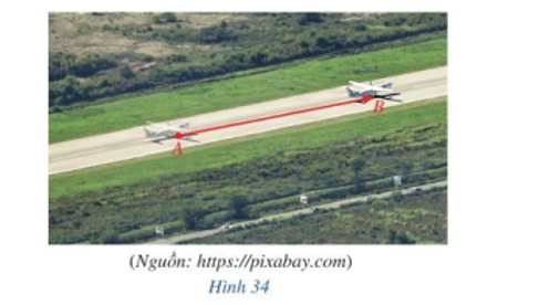 Mũi tên xuất phát từ A đến B trong Hình 34 mô tả chuyển động (có hướng) của một máy bay trên đường băng. Đoạn thẳng AB có hướng được gọi là gì (ảnh 1)