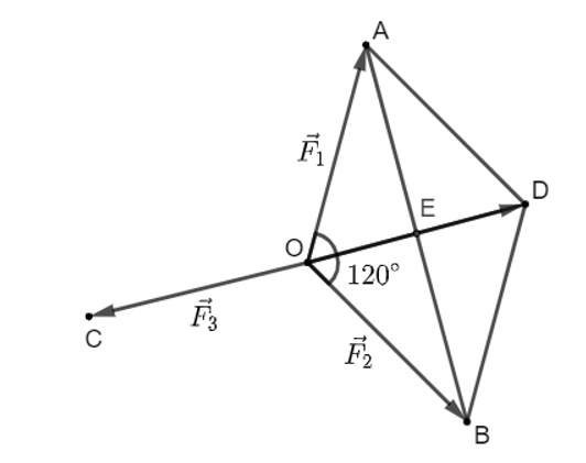 Cho ba lực vecto F1 = vecto OA, vecto F2 = vecto OB và vecto F3 = vecto OC  cùng tác động vào một vật tại điểm O và vật đứng yên (ảnh 1)