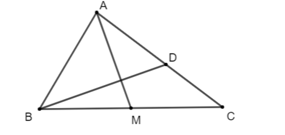 Cho tam giác ABC có AB = 2, AC = 3, . Gọi M là trung điểm của đoạn thẳng BC. Điểm D thỏa mãn (ảnh 1)