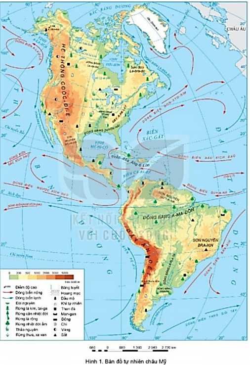 Dựa vào thông tin trong mục 1 và hình 1, hãy:  - Cho biết châu Mỹ tiếp giáp với những đại dương nào. - Xác định vị trí, phạm vi châu Mỹ. (ảnh 1)
