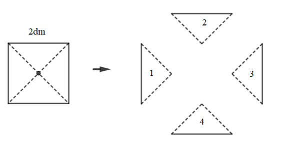 Cắt một hình vuông có cạnh 2 dm, rồi cắt nó thành bốn tam giác vuông bằng nhau dọc theo hai đường chéo của hình vuông (H.2.2a) (ảnh 2)