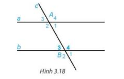 Trên Hình 3.18, cho biết hai góc so le trong A1, B3 bằng nhau và bằng 60o. Hãy tính và so sánh hai góc so le trong còn lại A2 và B4 (ảnh 1)