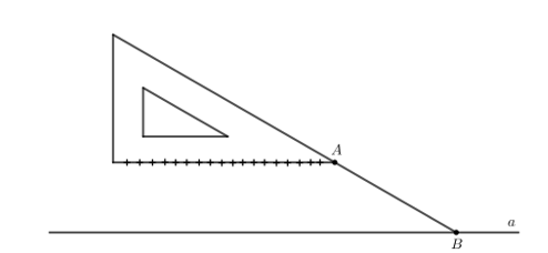 Dùng góc vuông hay góc 30o của êke (thay cho góc 60o) để vẽ đường thẳng đi qua A và song song với đường thẳng a cho trước (ảnh 3)