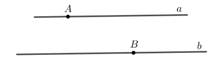Cho hai điểm A và B. Hãy vẽ đường thẳng a đi qua A và đường thẳng b đi qua B sao cho a song song với b (ảnh 1)