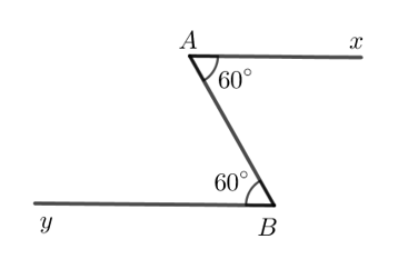 Cho đoạn thẳng AB. Vẽ hai tia Ax, By sao cho chúng tạo với AB hai góc so le trong có cùng số đo bằng 60o (ảnh 1)