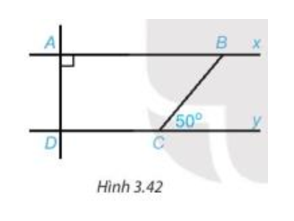 Cho Hình 3.42, biết rằng Ax // Dy, góc A= 90 độ, góc BCy = 50 độ.  Tính số đo các góc ADC và ABC (ảnh 1)