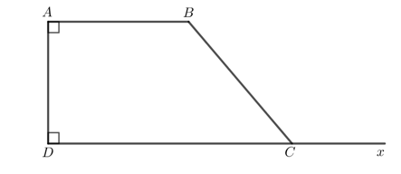 Cho hình thang ABCD có cạnh AD vuông góc với hai đáy AB và CD. Số đo góc ở đỉnh B gấp đôi số đo góc ở đỉnh C. Tính số đo các góc của hình thang đó (ảnh 1)