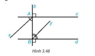 Kẻ các tia phân giác Ax, By của một cặp góc so le trong tạo bởi đường thẳng b vuông góc với hai đường thẳng song song c (ảnh 1)