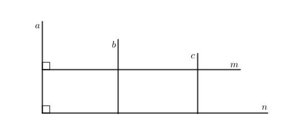 Vẽ ba đường thẳng phân biệt a, b, c sao cho a // b, b // c và hai đường thẳng phân biệt m, n cùng vuông góc với a (ảnh 1)