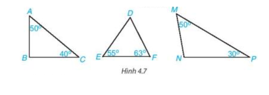 Trong các tam giác (H.4.7), tam giác nào là tam giác nhọn, tam giác vuông, tam giác tù (ảnh 1)