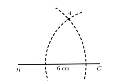 Vẽ tam giác ABC có AB = 5 cm, AC = 4 cm, BC = 6 cm theo các bước sau:  - Dùng thước thẳng có vạch chia vẽ đoạn thẳng BC = 6 cm (ảnh 3)