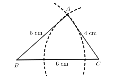 Vẽ tam giác ABC có AB = 5 cm, AC = 4 cm, BC = 6 cm theo các bước sau:  - Dùng thước thẳng có vạch chia vẽ đoạn thẳng BC = 6 cm (ảnh 4)