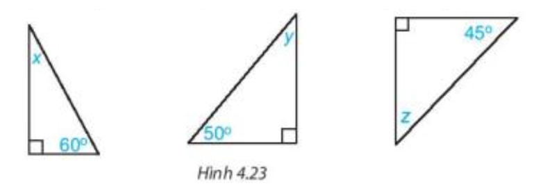 Các số đo x, y, z trong mỗi tam giác vuông dưới đây bằng bao nhiêu độ (ảnh 1)