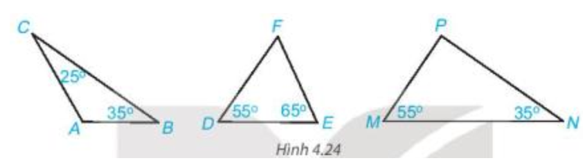 Tính số đo góc còn lại trong mỗi tam giác dưới đây. Hãy chỉ ra tam giác nào là tam giác vuông (ảnh 1)