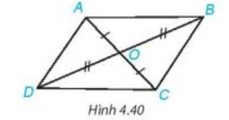 Cho hai đoạn thẳng AC và BD cắt nhau tại điểm O sao cho OA = OC, OB = OD như Hình 4.40.  a) Hãy tìm hai cặp tam giác có chung đỉnh O bằng nhau (ảnh 1)