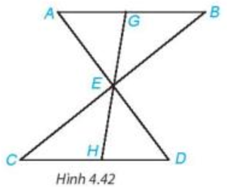 Cho đoạn thẳng AB song song và bằng đoạn thẳng CD như Hình 4.42. Gọi E là giao điểm của hai đường thẳng AD và BC (ảnh 1)