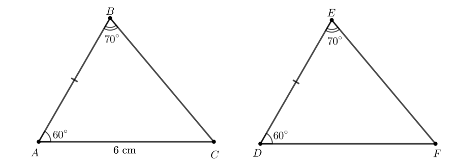 Cho hai tam giác ABC và DEF thỏa mãn AB = DE,  AC = 6 cm. Tính độ dài cạnh DF (ảnh 1)