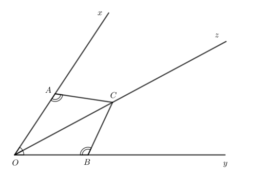 Cho tia Oz là tia phân giác của góc xOy. Lấy các điểm A, B, C lần lượt thuộc các tia Ox, Oy, Oz sao cho (ảnh 1)