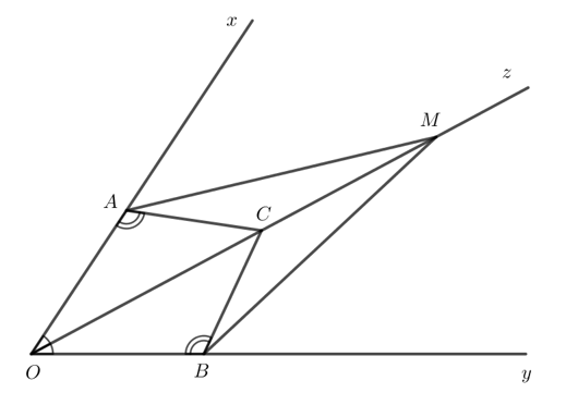 Cho tia Oz là tia phân giác của góc xOy. Lấy các điểm A, B, C lần lượt thuộc các tia Ox, Oy, Oz sao cho (ảnh 2)