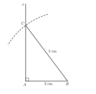 Vẽ tam giác vuông ABC có góc A = 90 độ, AB = 3 cm, BC = 5 cm theo các bước sau:  - Dùng thước thẳng có vạch chia vẽ đoạn thẳng AB = 3 cm (ảnh 3)