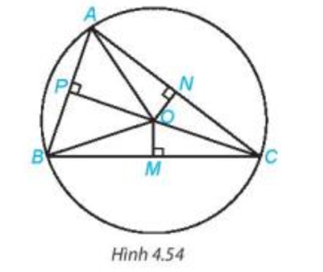 Cho ba điểm A, B, C nằm trên đường tròn tâm O và các điểm M, N, P như Hình 4.54. Hãy chỉ ra ba cặp tam giác vuông bằng nhau trong hình (ảnh 1)
