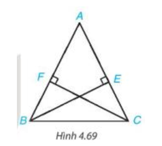 Cho tam giác ABC cân tại A và các điểm E, F lần lượt nằm trên các cạnh AC, AB sao cho BE vuông góc với AC, CF (ảnh 1)