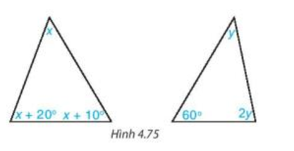Tính các số đo x, y trong các tam giác dưới đây (H.4.75) (ảnh 1)