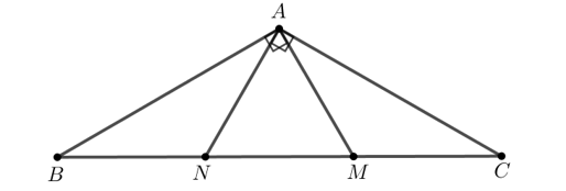 Cho tam giác ABC cân tại A có góc A = 120 độ. Trên cạnh BC lấy hai điểm M, N sao cho MA, NA lần lượt vuông góc với AB, AC (ảnh 1)