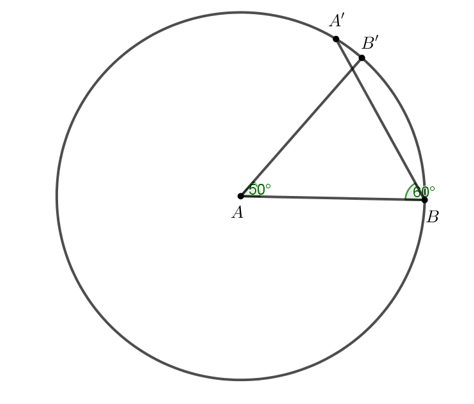 Vẽ tam giác ABC có AB = 6 cm, góc BAC = 50 độ, góc ABC = 60 độ.  Gợi ý: Vẽ góc BAB' = 50 độ (theo ngược chiều kim đồng hồ), (ảnh 7)
