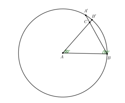 Vẽ tam giác ABC có AB = 6 cm, góc BAC = 50 độ, góc ABC = 60 độ.  Gợi ý: Vẽ góc BAB' = 50 độ (theo ngược chiều kim đồng hồ), (ảnh 10)