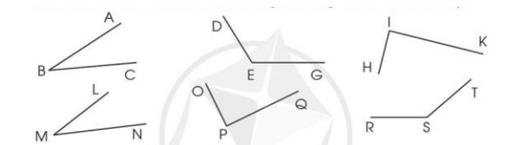 a) Nêu tên đỉnh và cạnh của mỗi góc trong các hình dưới đây:   b) Dùng ê ke để nhận biết góc nào là góc vuông, góc nào là góc không vuông trong các hình trên (ảnh 1)