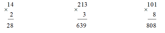 Đặt tính rồi tính: a) 14 × 2 			213 × 3			101 × 8 b) 46 : 2			393 : 3			845 : 4  (ảnh 1)