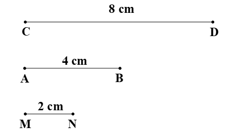 Vẽ đoạn thẳng AB dài 4 cm. Vẽ đoạn thẳng CD dài gấp 2 lần đoạn thẳng AB. Vẽ đoạn thẳng MN bằng độ dài đoạn thẳng AB giảm đi 2 lần (ảnh 1)