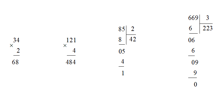 a) Đặt tính rồi tính: 34 × 2 121 × 4 85 : 2 669 : 3 b) Tính giá trị của các biểu thức sau: 54 – 0 : 9 					(36 + 0) x 1 54 : 9 x 0 					(36 + 1) x 0 (ảnh 1)