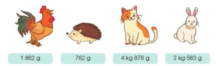 a) Đọc cân nặng của mỗi con vật sau với đơn vị gam rồi cho biết con vật nào nặng nhất.   b) Kể một số tình huống thực tế sử dụng các số trong phạm vi 100 000 (ảnh 1)