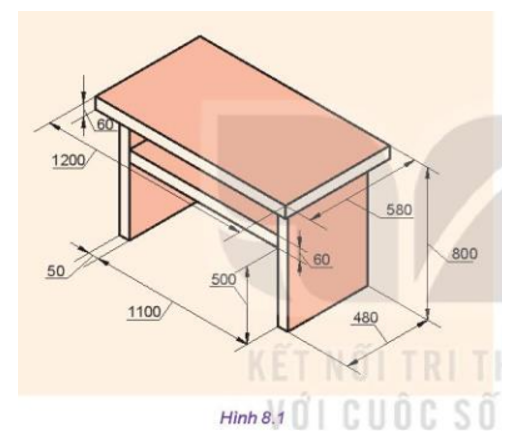Hình 8.1 biểu diễn hình dáng và kích thước của một chiếc bàn. Em hãy mô tả chiếc bàn đó. Trong quá trình mô tả, em có gặp khó khăn gì không (ảnh 1)